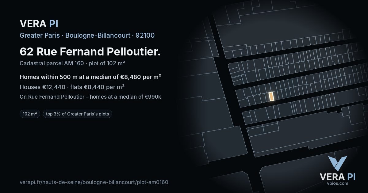 62 Rue Fernand Pelloutier, Boulogne-Billancourt at night – the plot lit, the parcels around coloured by the prices near them