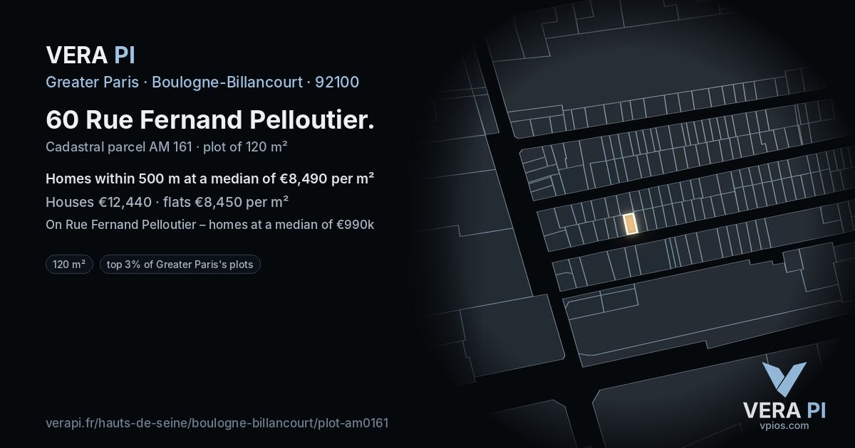 60 Rue Fernand Pelloutier, Boulogne-Billancourt at night – the plot lit, the parcels around coloured by the prices near them