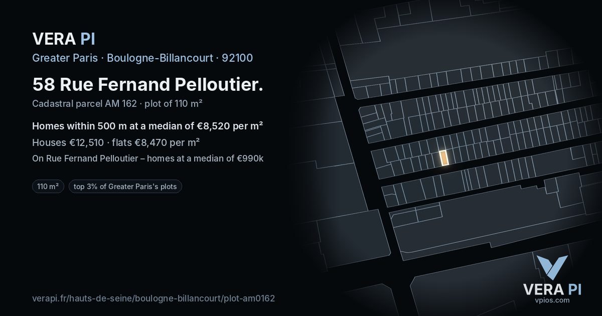 58 Rue Fernand Pelloutier, Boulogne-Billancourt at night – the plot lit, the parcels around coloured by the prices near them