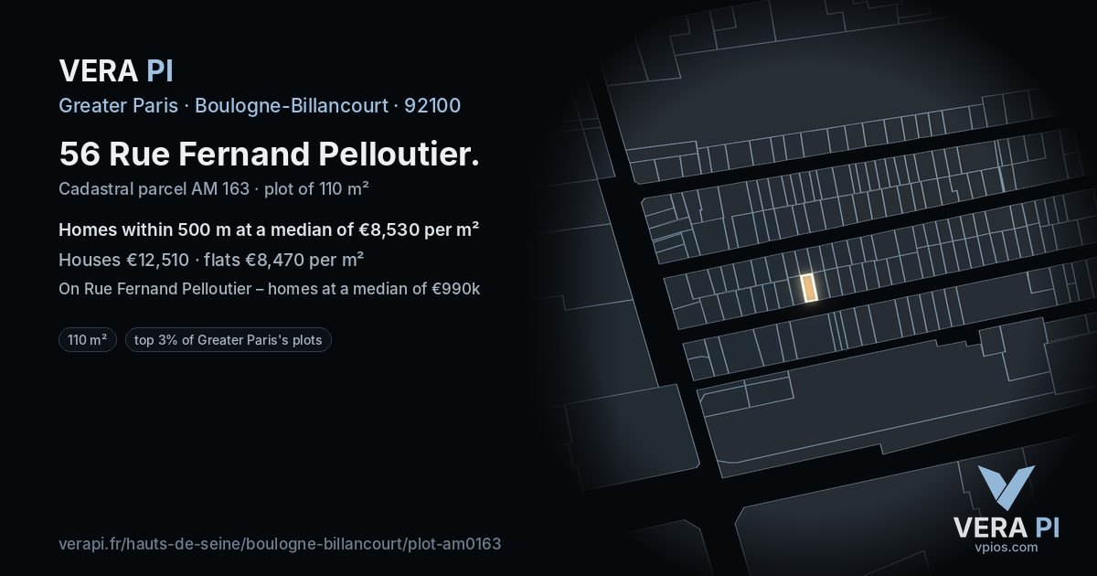 56 Rue Fernand Pelloutier, Boulogne-Billancourt at night – the plot lit, the parcels around coloured by the prices near them