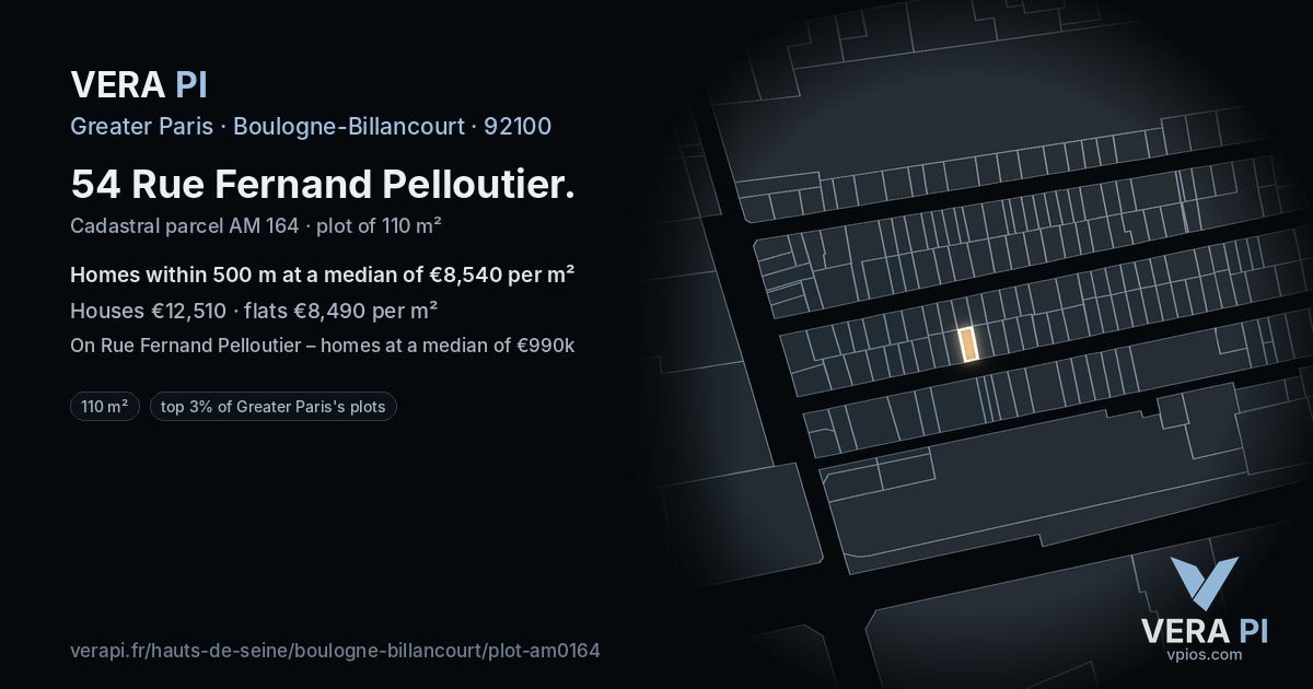 54 Rue Fernand Pelloutier, Boulogne-Billancourt at night – the plot lit, the parcels around coloured by the prices near them