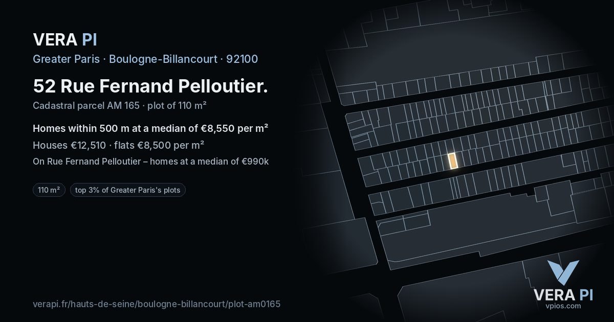 52 Rue Fernand Pelloutier, Boulogne-Billancourt at night – the plot lit, the parcels around coloured by the prices near them