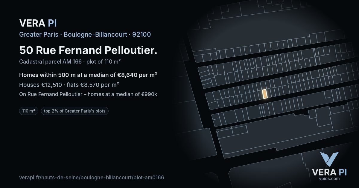 50 Rue Fernand Pelloutier, Boulogne-Billancourt at night – the plot lit, the parcels around coloured by the prices near them