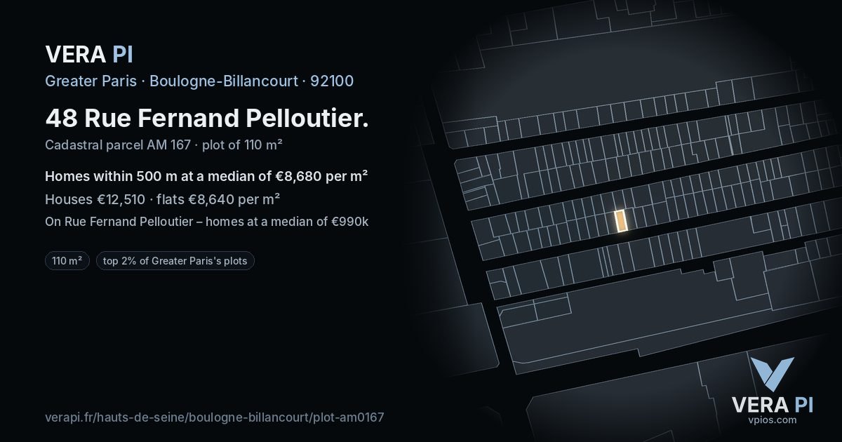 48 Rue Fernand Pelloutier, Boulogne-Billancourt at night – the plot lit, the parcels around coloured by the prices near them