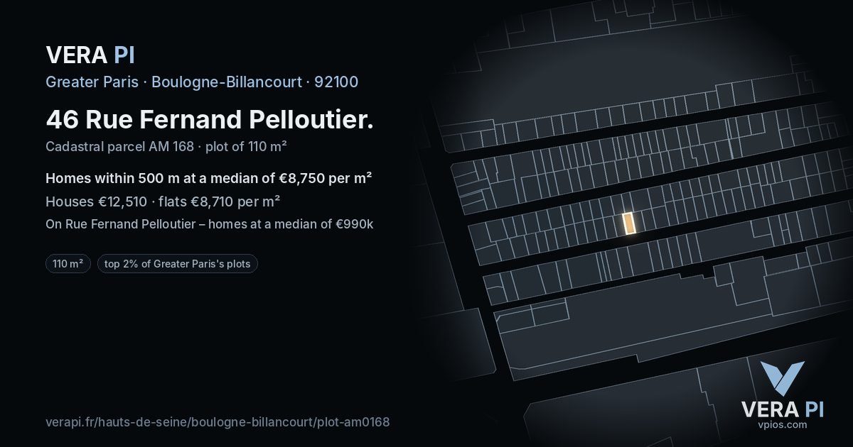 46 Rue Fernand Pelloutier, Boulogne-Billancourt at night – the plot lit, the parcels around coloured by the prices near them
