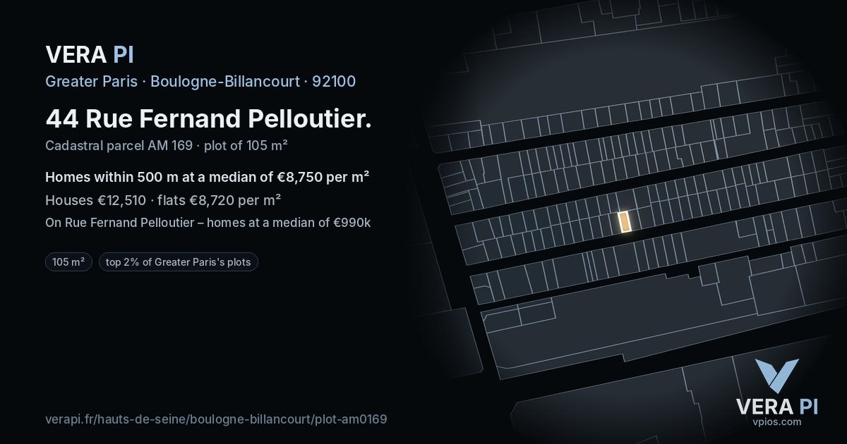 44 Rue Fernand Pelloutier, Boulogne-Billancourt at night – the plot lit, the parcels around coloured by the prices near them