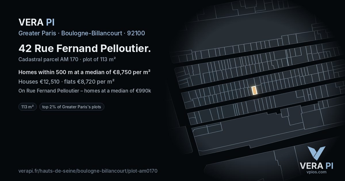 42 Rue Fernand Pelloutier, Boulogne-Billancourt at night – the plot lit, the parcels around coloured by the prices near them
