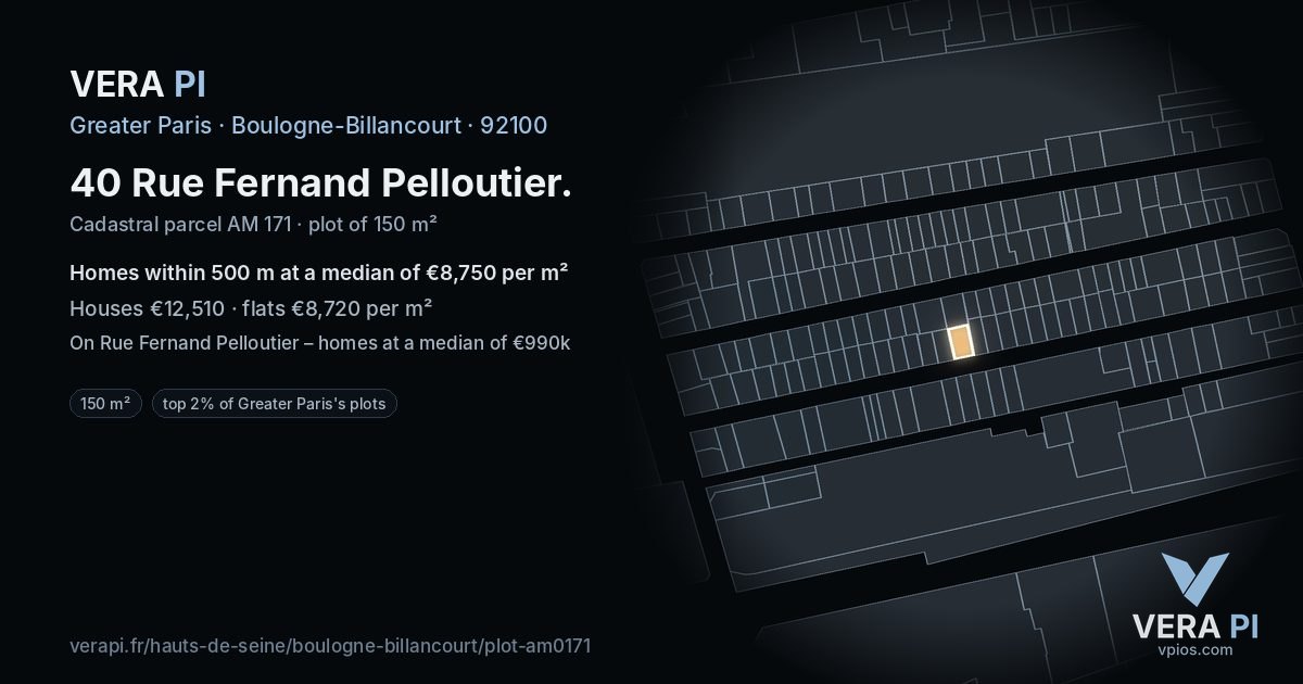 40 Rue Fernand Pelloutier, Boulogne-Billancourt at night – the plot lit, the parcels around coloured by the prices near them