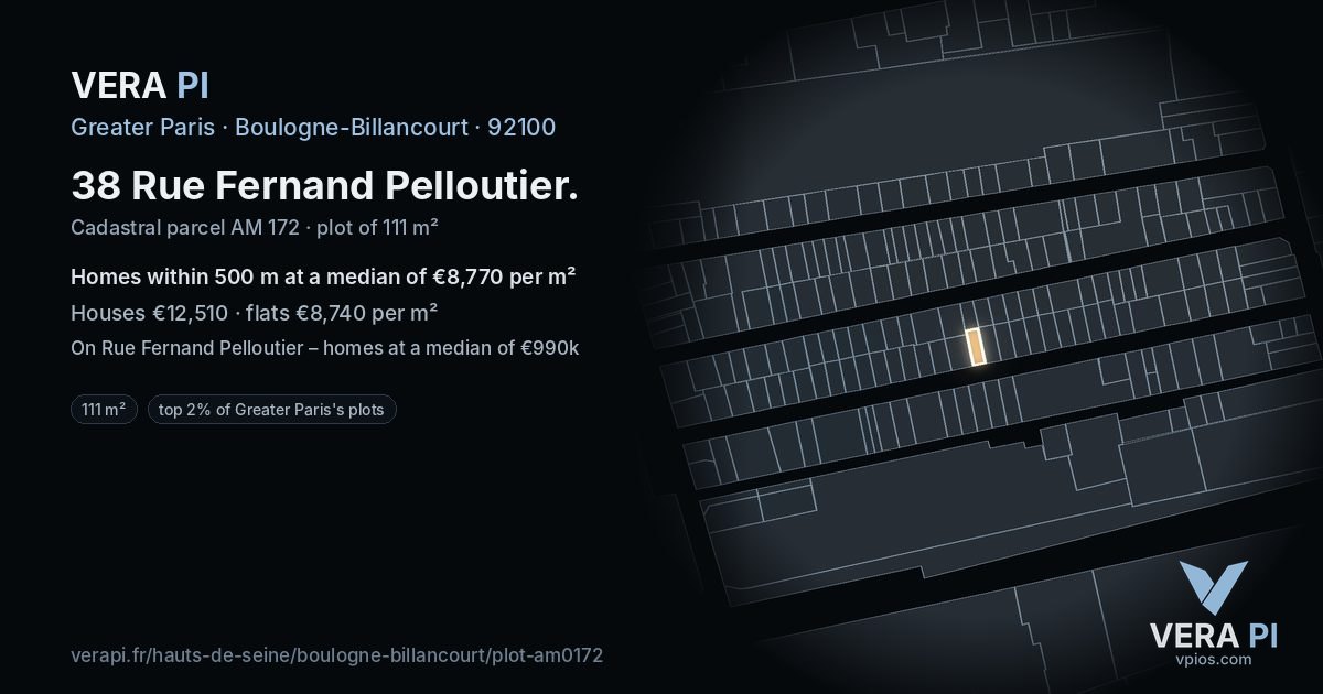 38 Rue Fernand Pelloutier, Boulogne-Billancourt at night – the plot lit, the parcels around coloured by the prices near them