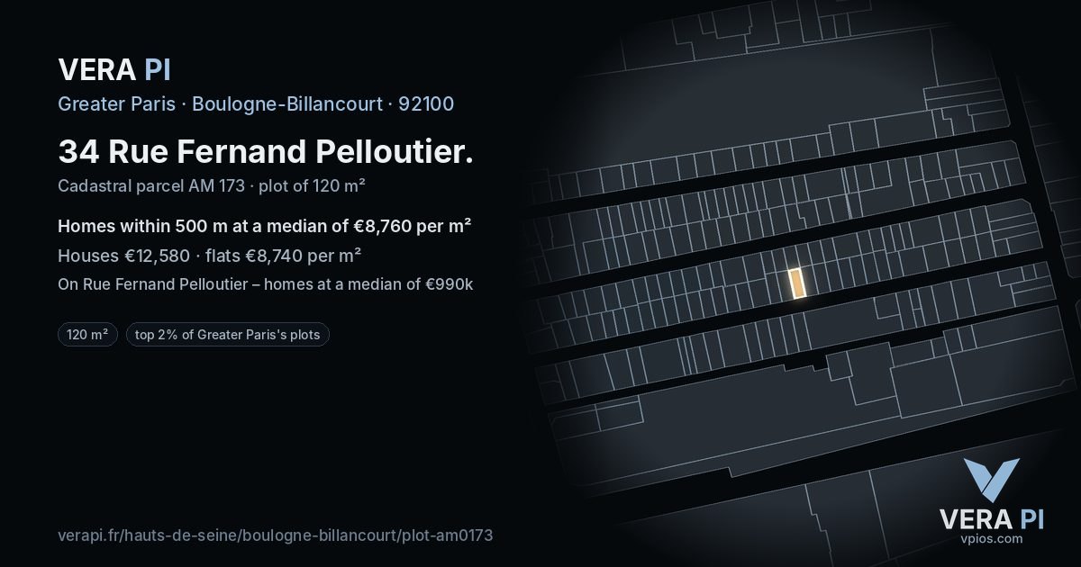 34 Rue Fernand Pelloutier, Boulogne-Billancourt at night – the plot lit, the parcels around coloured by the prices near them