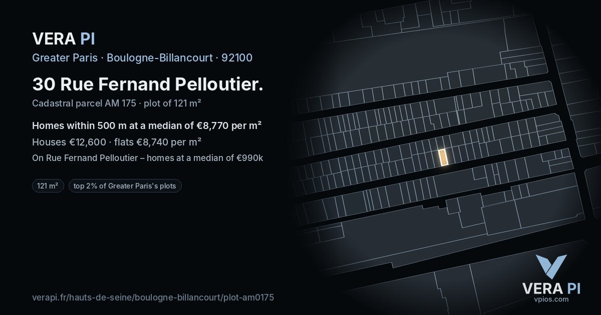 30 Rue Fernand Pelloutier, Boulogne-Billancourt at night – the plot lit, the parcels around coloured by the prices near them