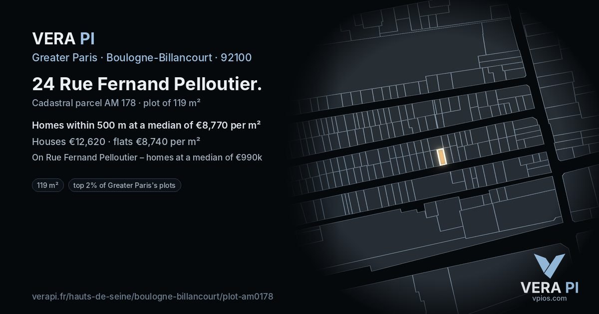 24 Rue Fernand Pelloutier, Boulogne-Billancourt at night – the plot lit, the parcels around coloured by the prices near them