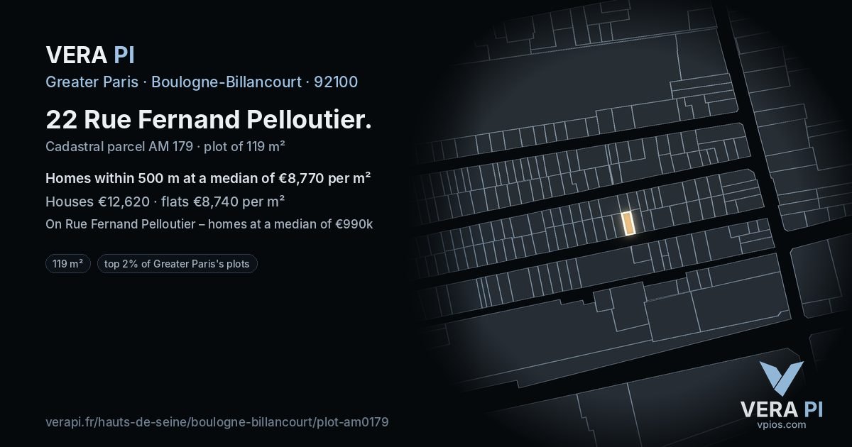 22 Rue Fernand Pelloutier, Boulogne-Billancourt at night – the plot lit, the parcels around coloured by the prices near them