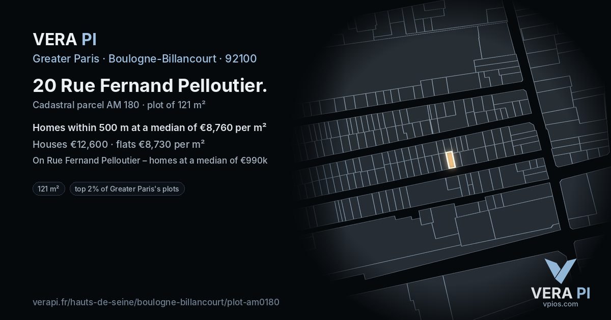 20 Rue Fernand Pelloutier, Boulogne-Billancourt at night – the plot lit, the parcels around coloured by the prices near them
