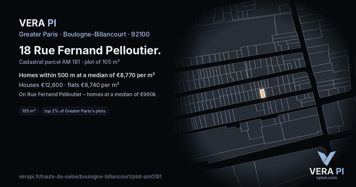 18 Rue Fernand Pelloutier, Boulogne-Billancourt at night – the plot lit, the parcels around coloured by the prices near them