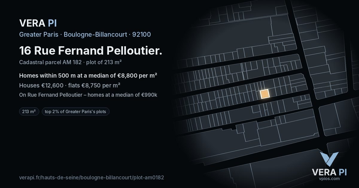 16 Rue Fernand Pelloutier, Boulogne-Billancourt at night – the plot lit, the parcels around coloured by the prices near them