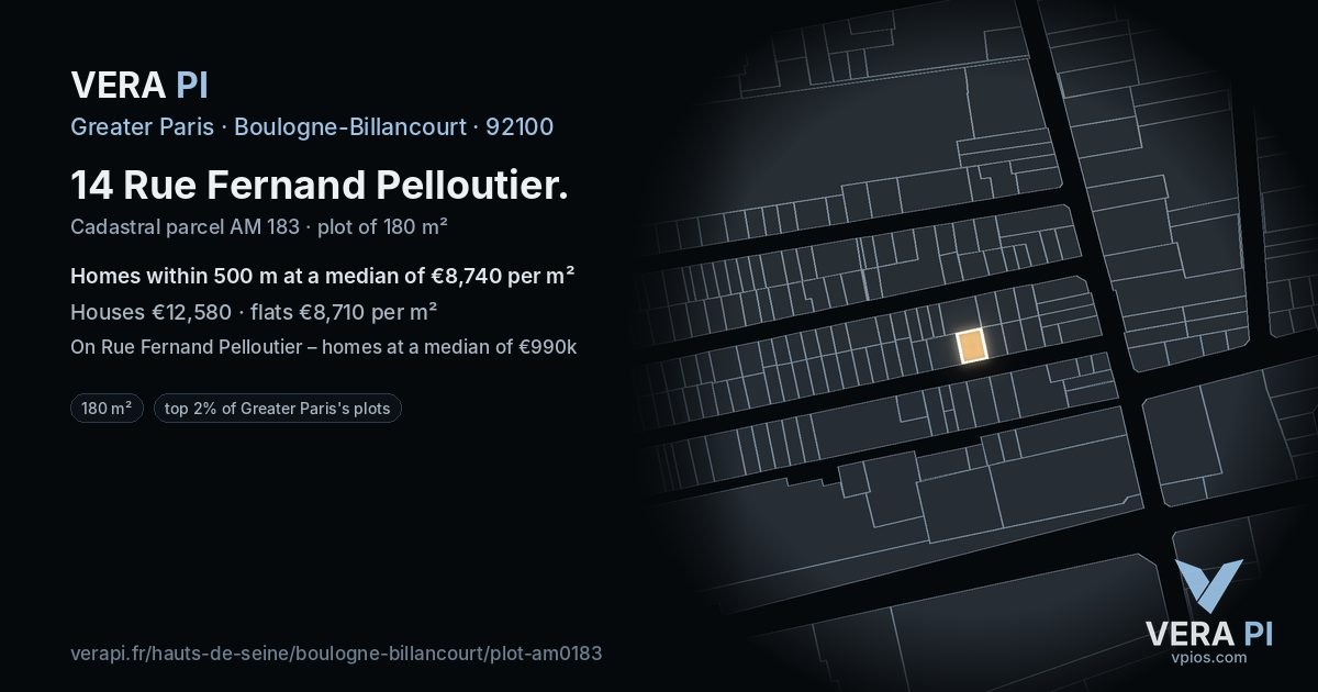 14 Rue Fernand Pelloutier, Boulogne-Billancourt at night – the plot lit, the parcels around coloured by the prices near them
