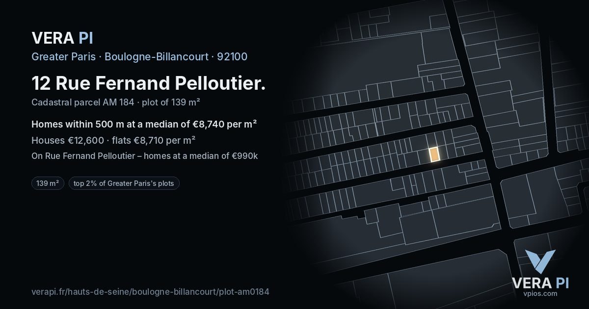 12 Rue Fernand Pelloutier, Boulogne-Billancourt at night – the plot lit, the parcels around coloured by the prices near them