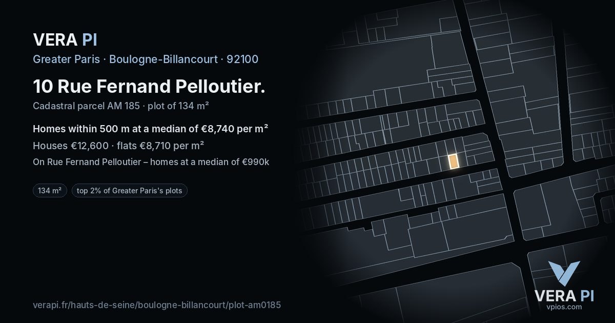 10 Rue Fernand Pelloutier, Boulogne-Billancourt at night – the plot lit, the parcels around coloured by the prices near them