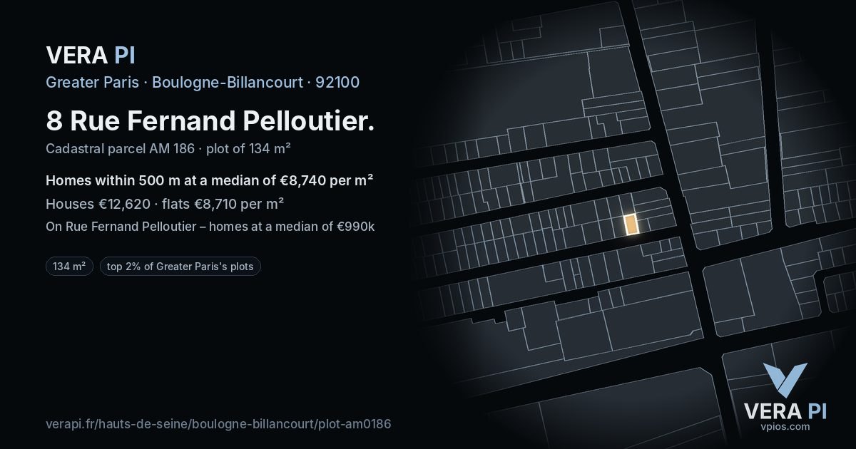8 Rue Fernand Pelloutier, Boulogne-Billancourt at night – the plot lit, the parcels around coloured by the prices near them