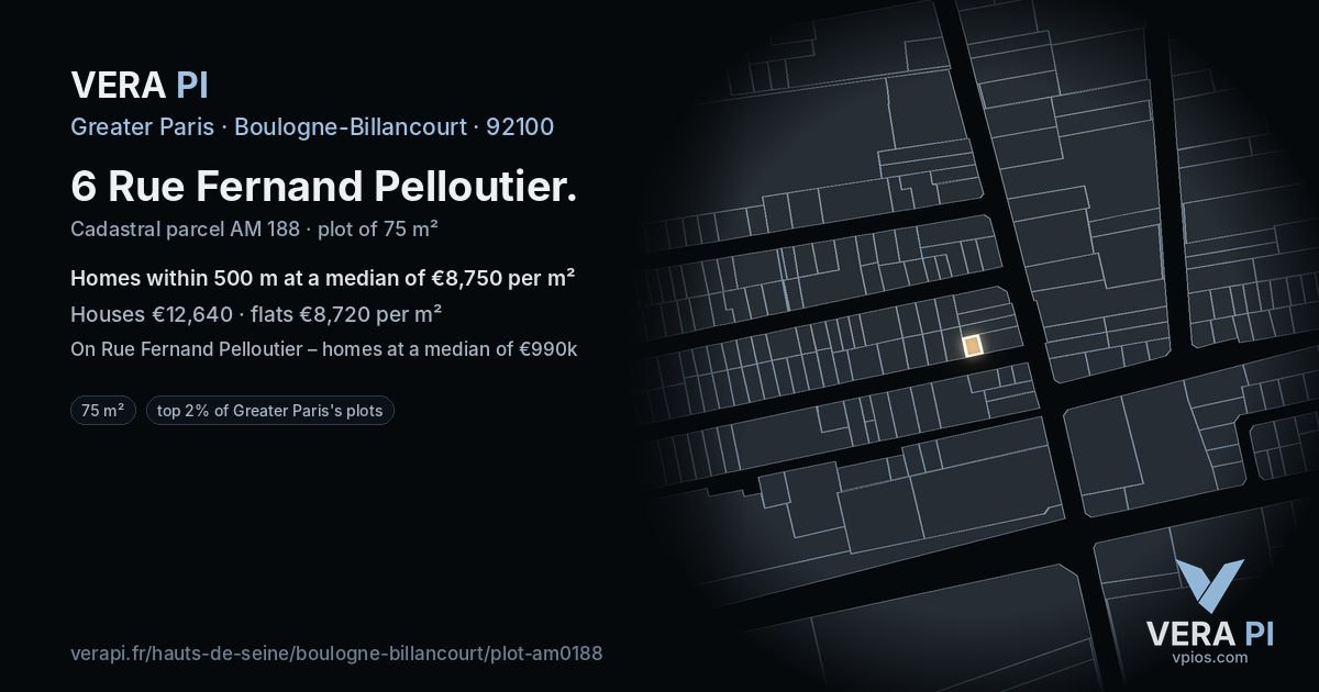 6 Rue Fernand Pelloutier, Boulogne-Billancourt at night – the plot lit, the parcels around coloured by the prices near them