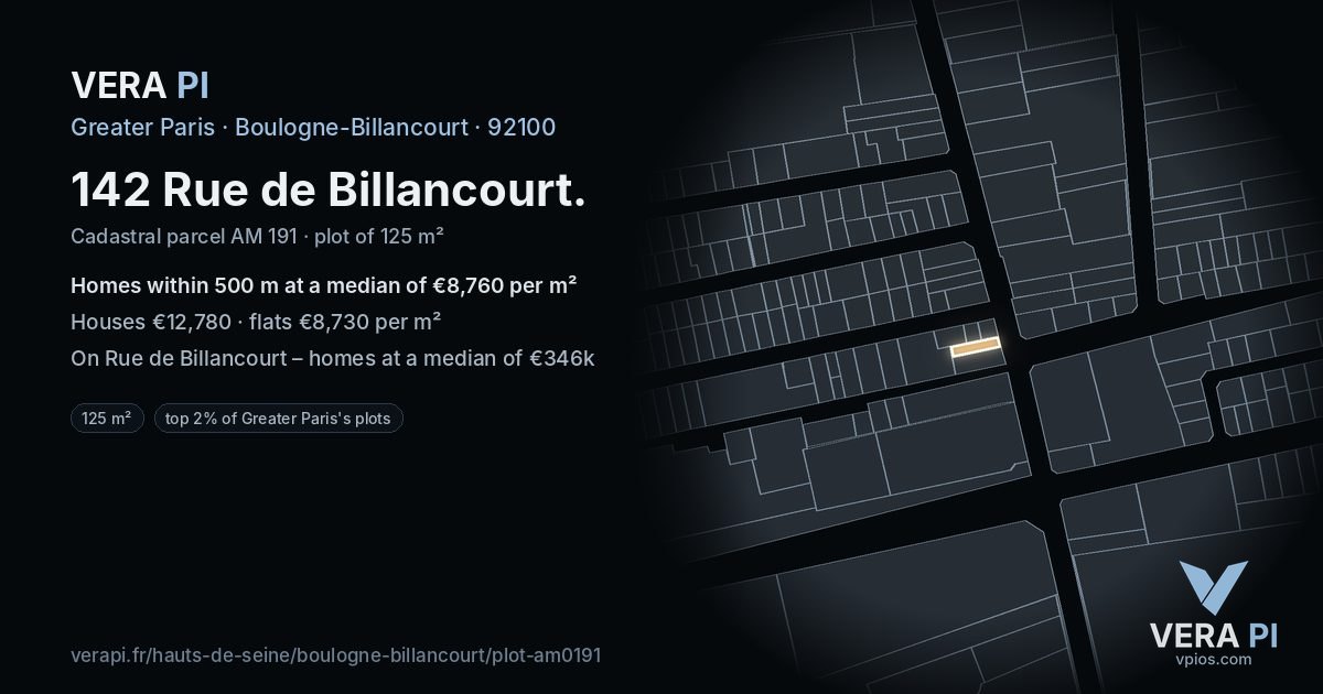 142 Rue de Billancourt, Boulogne-Billancourt at night – the plot lit, the parcels around coloured by the prices near them
