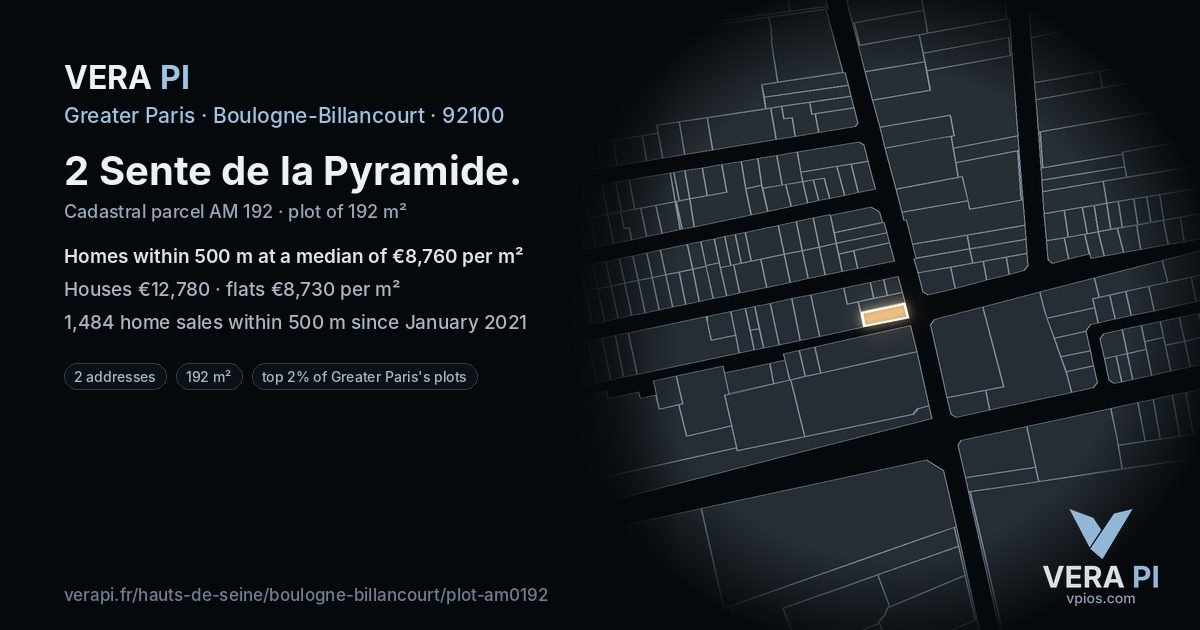 2 Sente de la Pyramide, Boulogne-Billancourt at night – the plot lit, the parcels around coloured by the prices near them