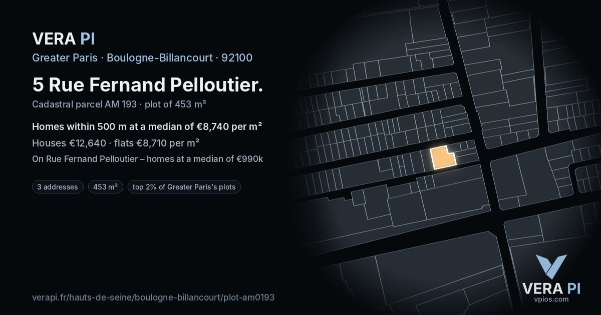 5 Rue Fernand Pelloutier, Boulogne-Billancourt at night – the plot lit, the parcels around coloured by the prices near them