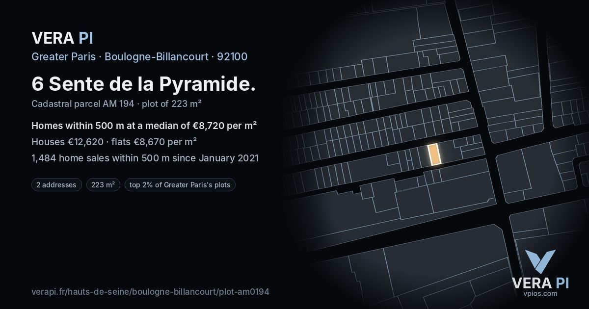 6 Sente de la Pyramide, Boulogne-Billancourt at night – the plot lit, the parcels around coloured by the prices near them