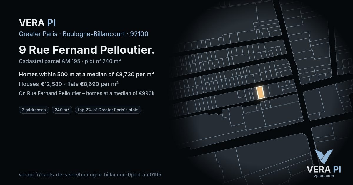 9 Rue Fernand Pelloutier, Boulogne-Billancourt at night – the plot lit, the parcels around coloured by the prices near them