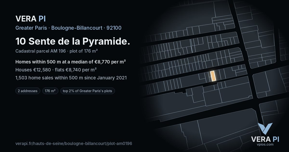 10 Sente de la Pyramide, Boulogne-Billancourt at night – the plot lit, the parcels around coloured by the prices near them
