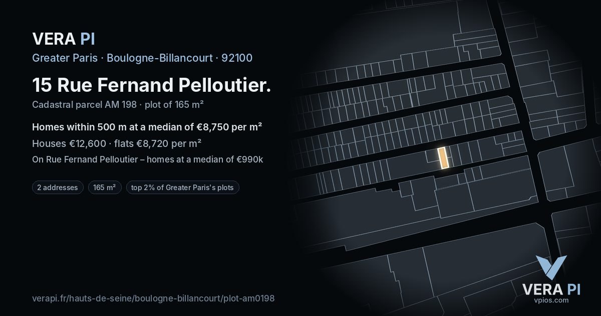 15 Rue Fernand Pelloutier, Boulogne-Billancourt at night – the plot lit, the parcels around coloured by the prices near them