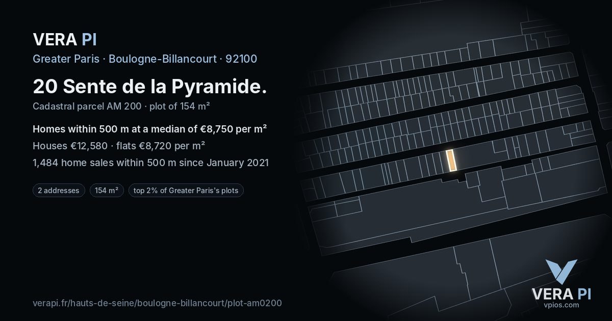 20 Sente de la Pyramide, Boulogne-Billancourt at night – the plot lit, the parcels around coloured by the prices near them