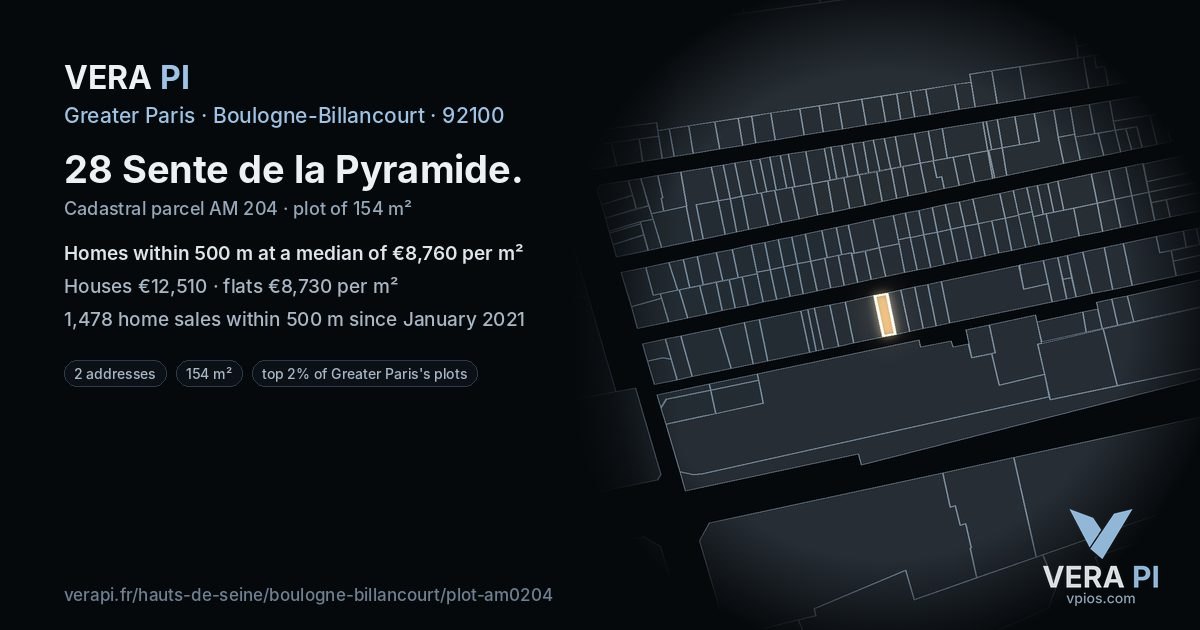 28 Sente de la Pyramide, Boulogne-Billancourt at night – the plot lit, the parcels around coloured by the prices near them