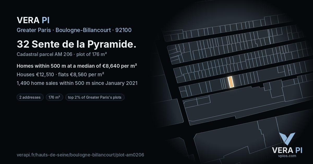 32 Sente de la Pyramide, Boulogne-Billancourt at night – the plot lit, the parcels around coloured by the prices near them
