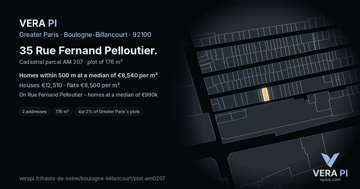 35 Rue Fernand Pelloutier, Boulogne-Billancourt at night – the plot lit, the parcels around coloured by the prices near them