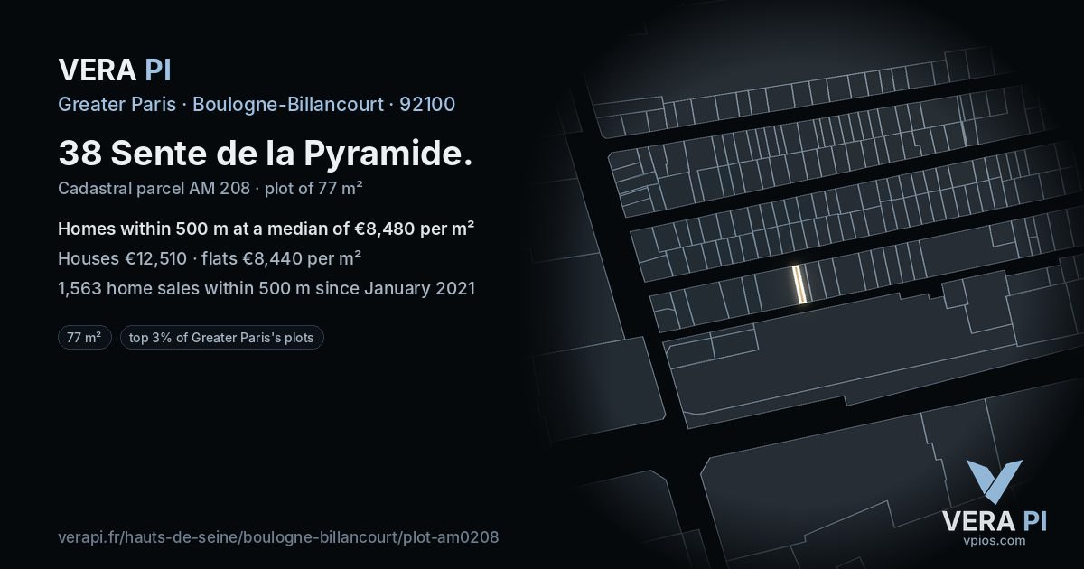 38 Sente de la Pyramide, Boulogne-Billancourt at night – the plot lit, the parcels around coloured by the prices near them