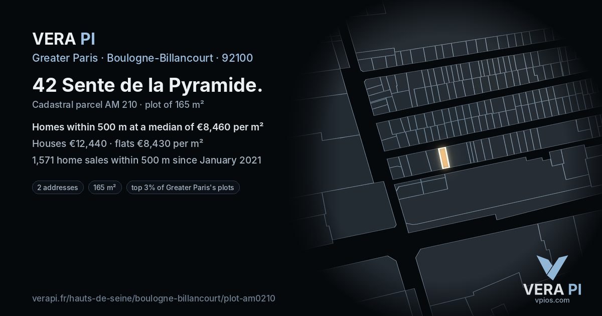 42 Sente de la Pyramide, Boulogne-Billancourt at night – the plot lit, the parcels around coloured by the prices near them