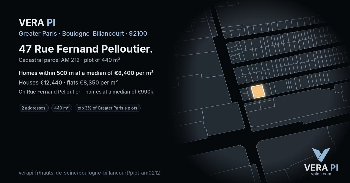 47 Rue Fernand Pelloutier, Boulogne-Billancourt at night – the plot lit, the parcels around coloured by the prices near them