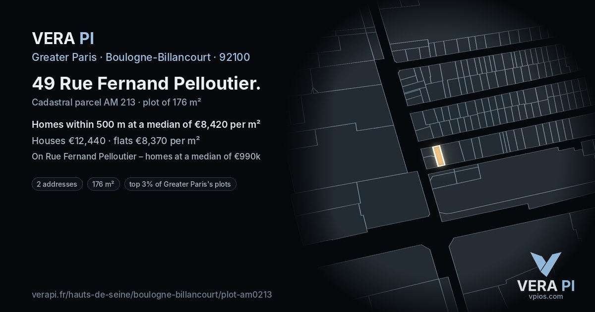 49 Rue Fernand Pelloutier, Boulogne-Billancourt at night – the plot lit, the parcels around coloured by the prices near them