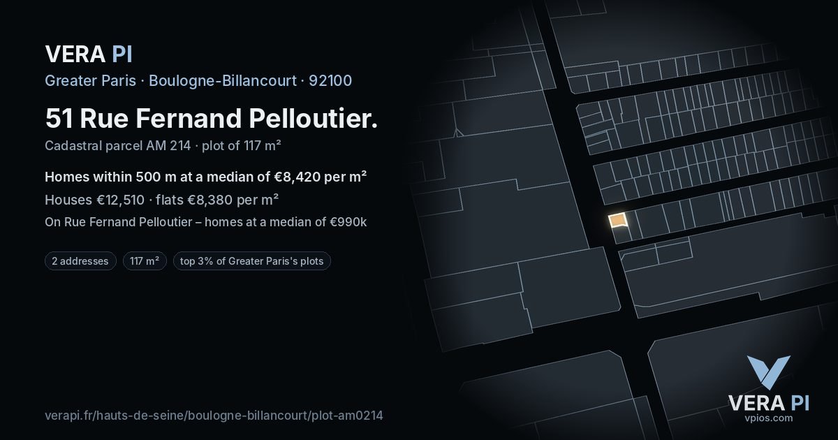 51 Rue Fernand Pelloutier, Boulogne-Billancourt at night – the plot lit, the parcels around coloured by the prices near them