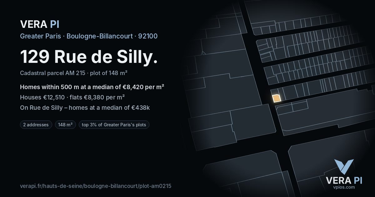 129 Rue de Silly, Boulogne-Billancourt at night – the plot lit, the parcels around coloured by the prices near them