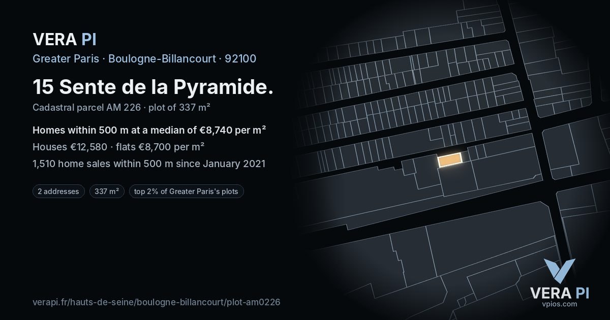 15 Sente de la Pyramide, Boulogne-Billancourt at night – the plot lit, the parcels around coloured by the prices near them
