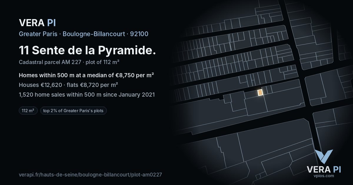 11 Sente de la Pyramide, Boulogne-Billancourt at night – the plot lit, the parcels around coloured by the prices near them