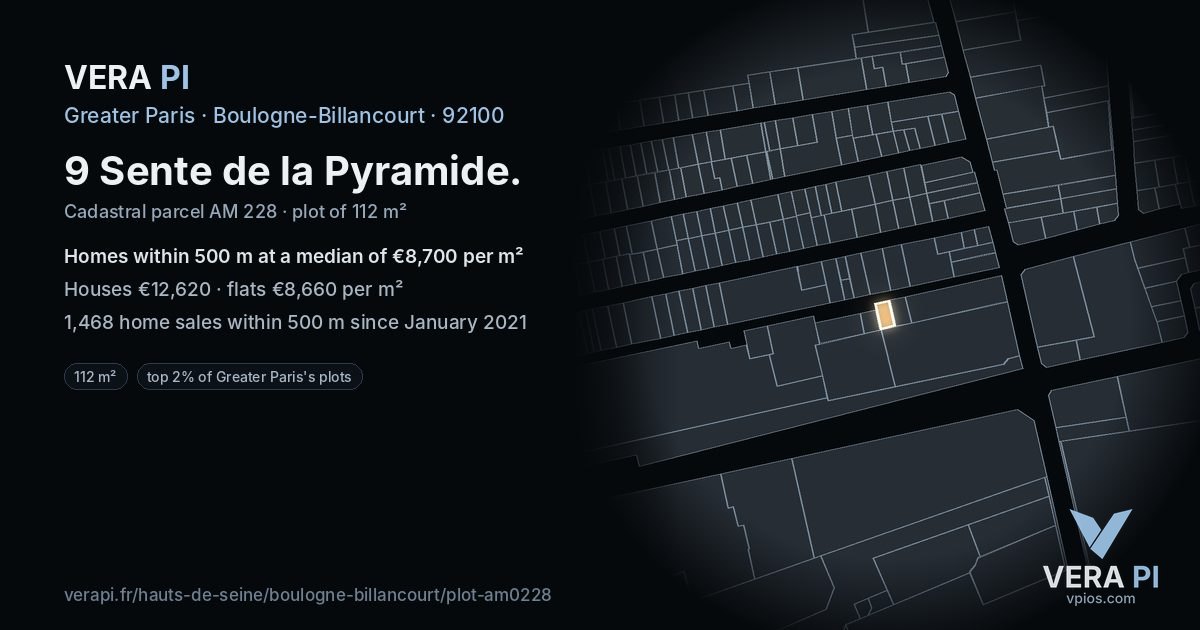 9 Sente de la Pyramide, Boulogne-Billancourt at night – the plot lit, the parcels around coloured by the prices near them