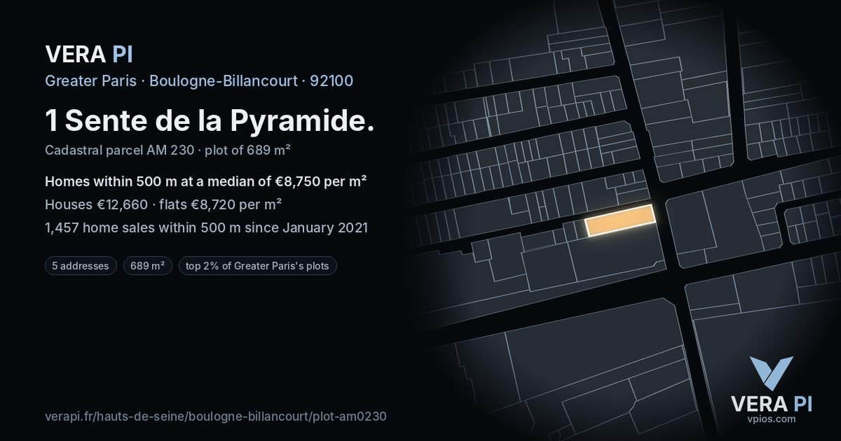 1 Sente de la Pyramide, Boulogne-Billancourt at night – the plot lit, the parcels around coloured by the prices near them