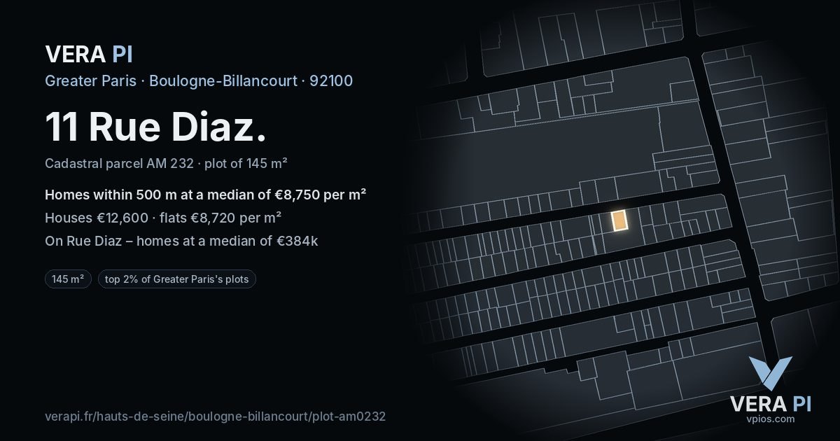11 Rue Diaz, Boulogne-Billancourt at night – the plot lit, the parcels around coloured by the prices near them