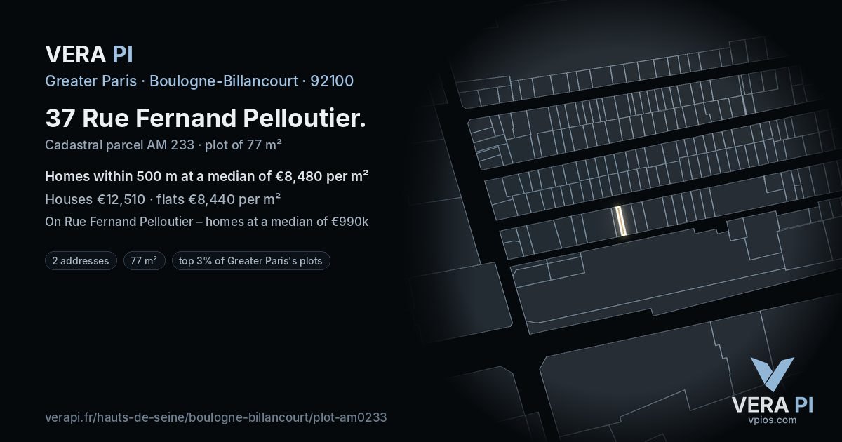 37 Rue Fernand Pelloutier, Boulogne-Billancourt at night – the plot lit, the parcels around coloured by the prices near them