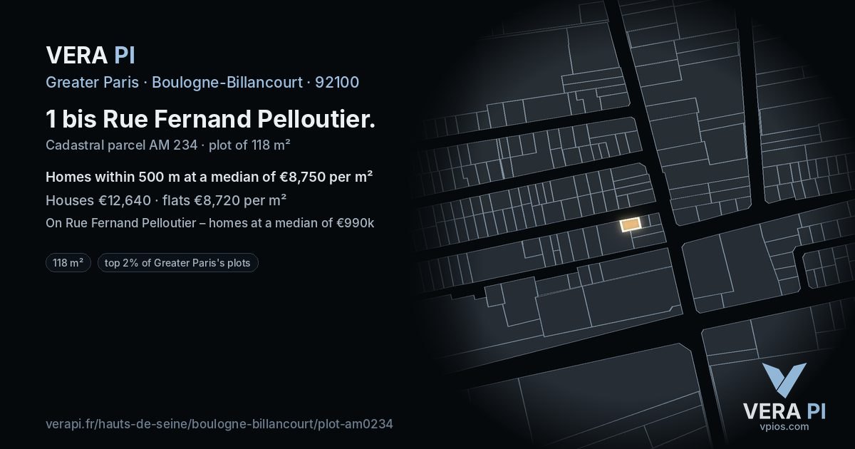 1 bis Rue Fernand Pelloutier, Boulogne-Billancourt at night – the plot lit, the parcels around coloured by the prices near them
