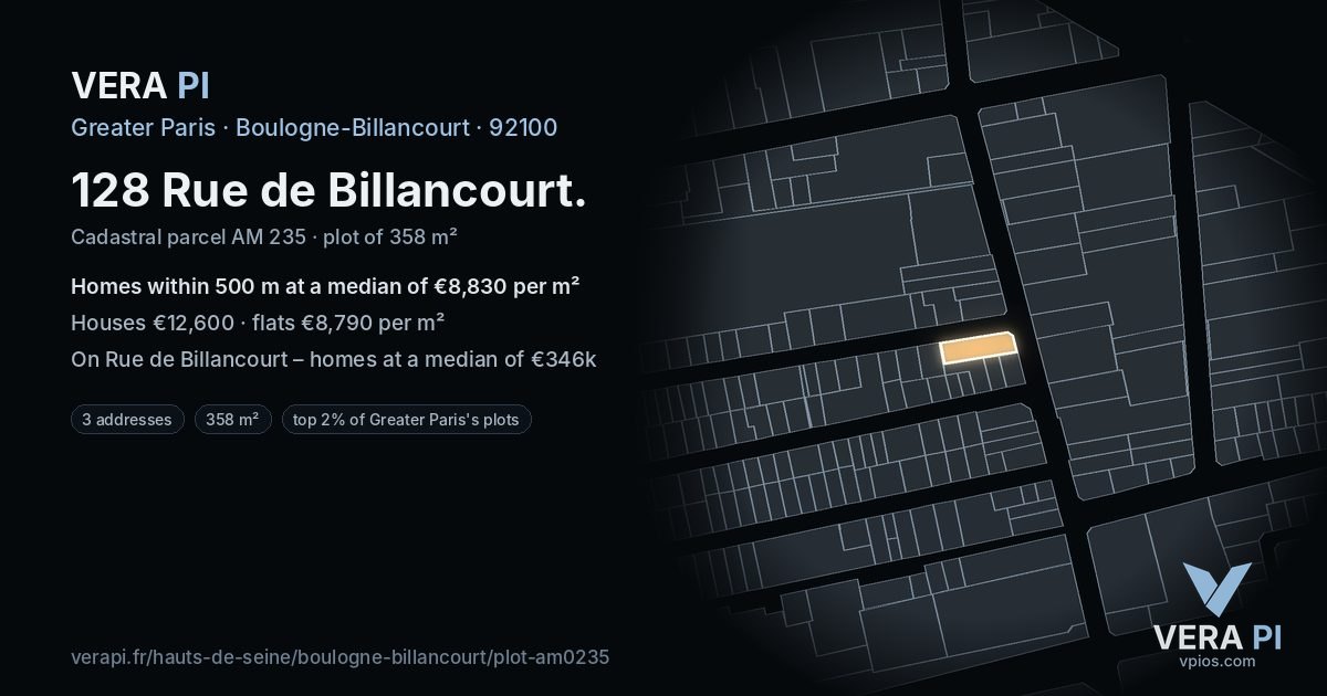 128 Rue de Billancourt, Boulogne-Billancourt at night – the plot lit, the parcels around coloured by the prices near them